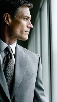 Businessman looking thoughtfully out the window in a modern office setting photo