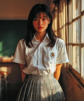 joven estudiante en colegio uniforme en pie por iluminado por el sol ventana en salón de clases foto