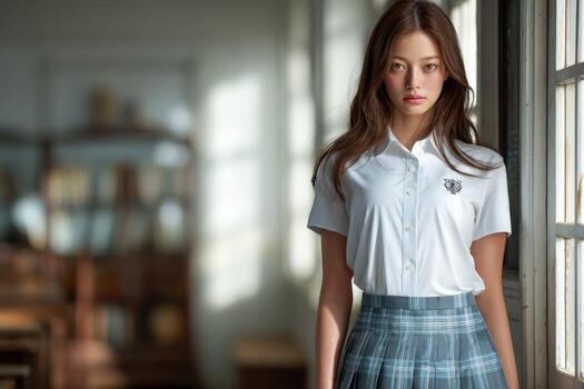 estudiante en un salón de clases vistiendo un colegio uniforme durante un soleado día foto