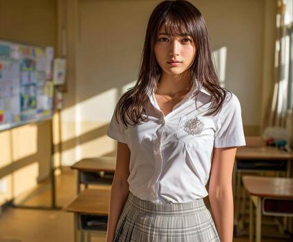 Classroom setting with a young woman posing confidently in a school uniform photo