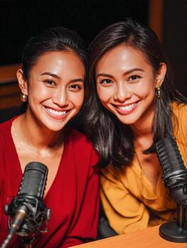 Two women smiling together at a recording studio during a podcast session photo