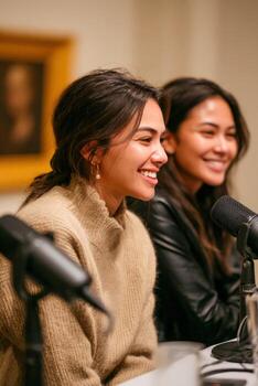 Two women engaging in conversation at a podcast recording in a cozy setting photo