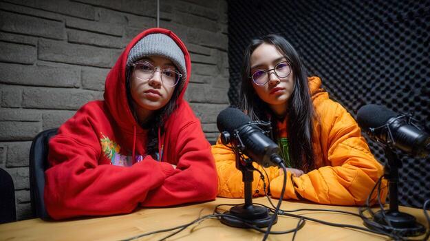 Young women discussing topics in a recording studio at night photo