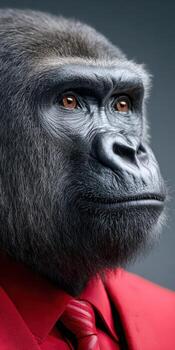 Business gorilla in a bold red suit exudes confidence in a studio setting photo