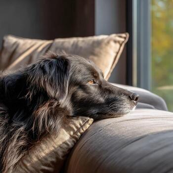 Calm border collie resting comfortably on a pastel sofa by the window photo