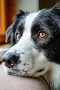 Calm border collie resting peacefully on soft pastel sofa photo