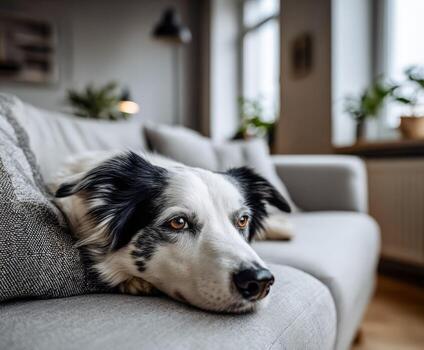 Calm border collie relaxing on a pastel sofa in cozy living room setting photo