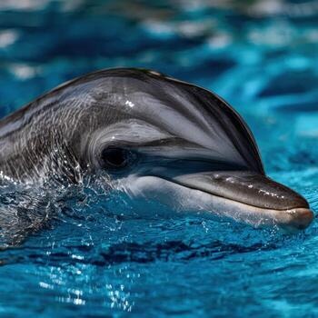 Joyful bottlenose dolphin leaps from water in sunny ocean scene photo