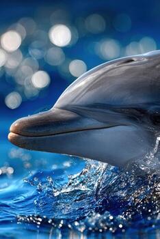 Bottlenose dolphin joyfully emerges from the ocean waves at sunset photo