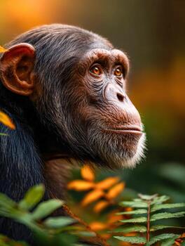 A chimpanzee is looking off into the distance photo