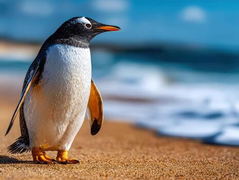 gentoo pingüino disfruta un soleado paseo a lo largo el playa a el del océano borde foto