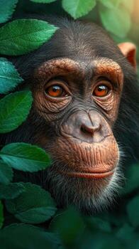 Chimpanzee surrounded by lush green foliage in a natural setting photo
