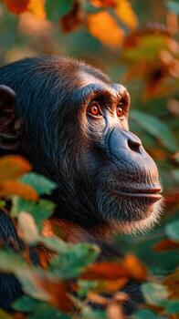 Chimpanzee exploring lush green foliage in a serene natural setting photo