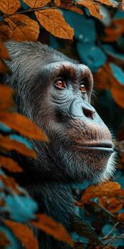 Chimpanzee observing surroundings in lush green foliage under soft light photo