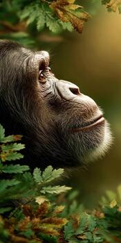 Chimpanzee exploring vibrant greenery in a lush natural habitat photo