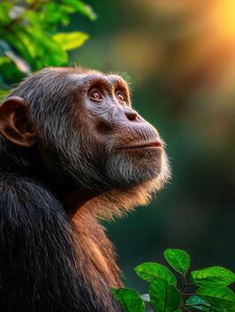 Chimpanzee gazes thoughtfully in a lush forest during golden hour photo
