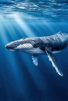 Underwater portrait of a large whale gliding through clear ocean water photo