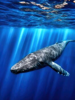 Close underwater portrait of a large whale gliding in clear ocean water photo
