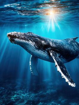 Large whale gliding gracefully underwater with sunlight filtering through photo
