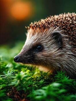 Close up view of a wild hedgehog exploring a lush forest in the early morning light photo