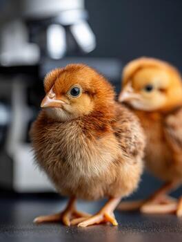 Curious baby chicks explore in front of science lab equipment photo