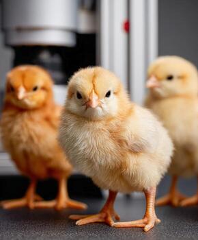 Curious baby chicks explore near science lab equipment in a close-up view photo