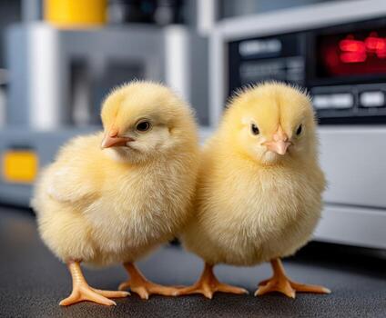 Curious baby chicks explore near a science lab in bright atmosphere photo