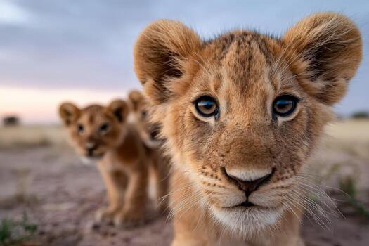 Curious lion cub explores its surroundings in the wild at sunset photo