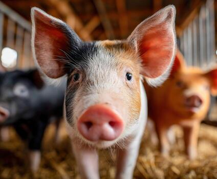 Curious piglet explores modern barn environment with clean surroundings photo