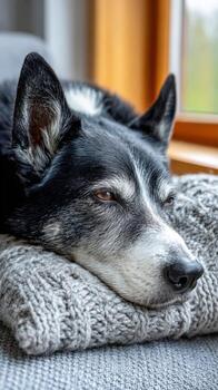 Relaxed dog resting on a soft pillow by the window in a cozy room photo
