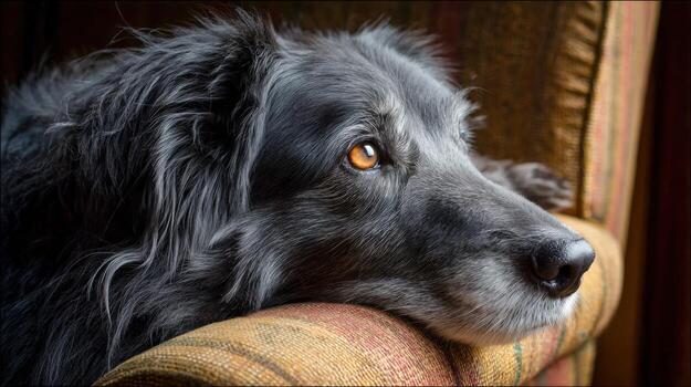 Grey dog resting peacefully on a couch during calm afternoon light photo