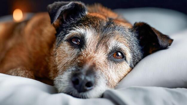 Dog resting peacefully on a soft pillow in a warm and cozy indoor setting photo