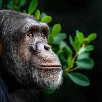 Chimpanzee gazing thoughtfully while surrounded by green leaves in a natural setting photo