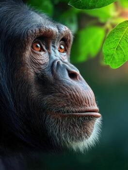 Close-up of a chimpanzee with expressive eyes in a lush green environment photo