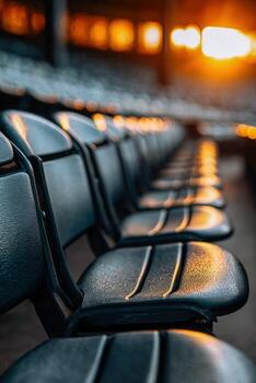 Empty stadium chairs lit by a warm sunset glow create a serene atmosphere photo