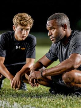 Diverse coach working with young athlete during evening training session photo