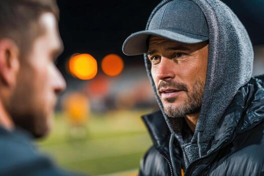 Experienced coach mentoring a player during a night training session photo