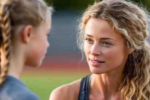 Experienced coach guides young athlete during training session on field photo