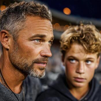 Experienced coach shares insights with young athlete during evening training session photo