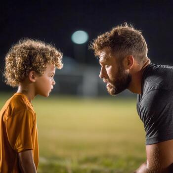 Coach motivates young player during nighttime training session on the field photo