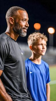 Experienced soccer coach mentoring young player during evening practice session photo