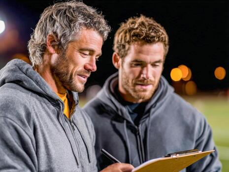 Experienced coach shares insights with athlete during night training session photo