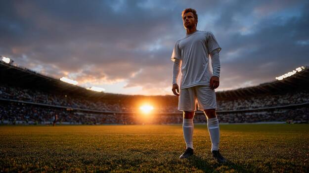 Professional soccer player stands on the field at sunset preparing for the match photo