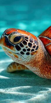Close-up view of a green sea turtle resting in a beautiful shallow lagoon photo