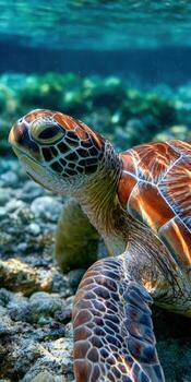 Close-up view of green sea turtle swimming in a clear lagoon photo