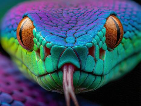 Close-up view of a vibrant iridescent snake with striking amber eyes photo