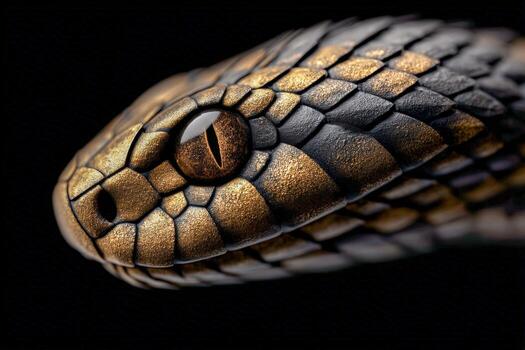 Close-up of an iridescent snake displaying striking amber eye in natural light photo