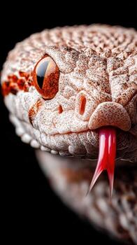 Close-up view of an iridescent snake with striking amber eyes photo