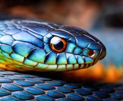 Close-up view of iridescent snake with piercing amber eye in natural habitat photo