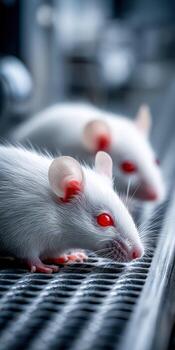 Close-up view of laboratory mice with red eyes in a scientific environment photo